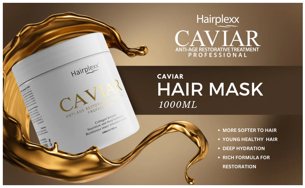 Gold Hair Straightener Iron + Hairplexx Caviar Hair Mask 1000ml