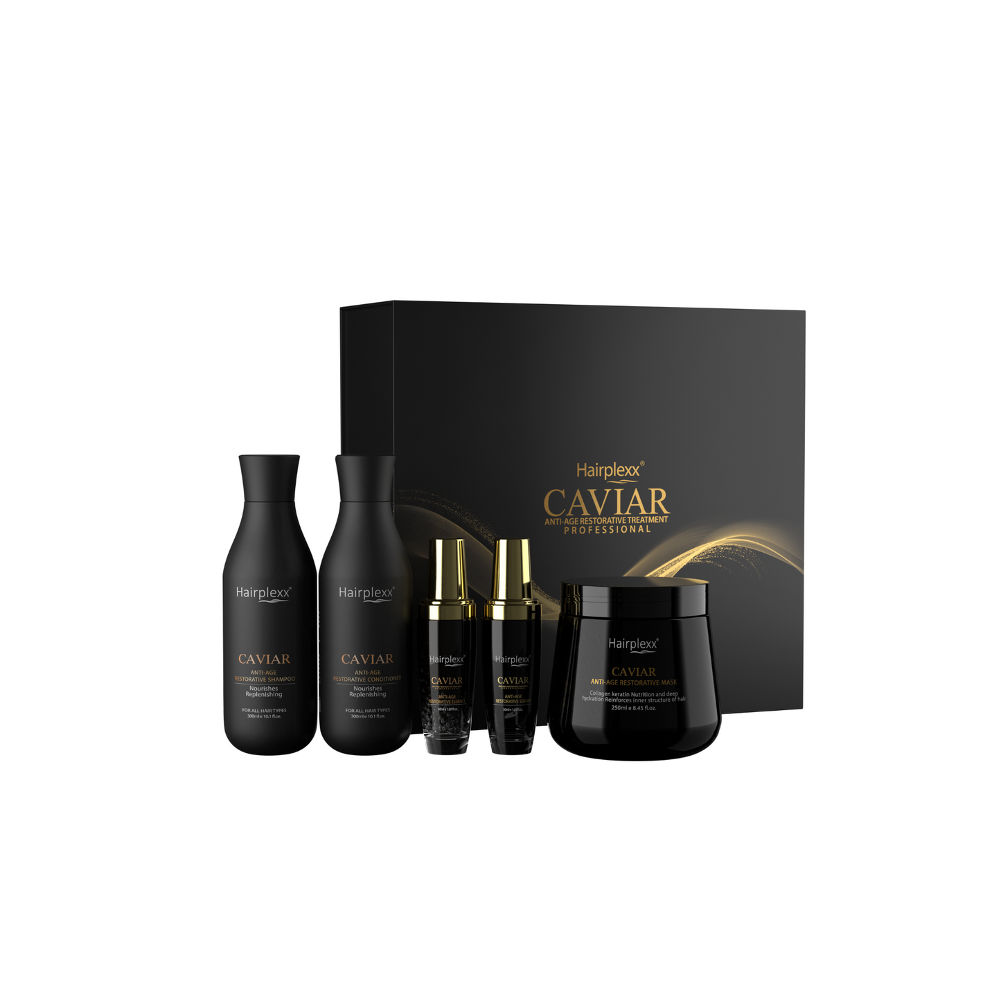 Hairplexx Caviar Anti Age Treatment Kit 5 in 1 - Shampoo, Conditioner, Serum, Essences, and Hair Mask for Restorative Hair Care