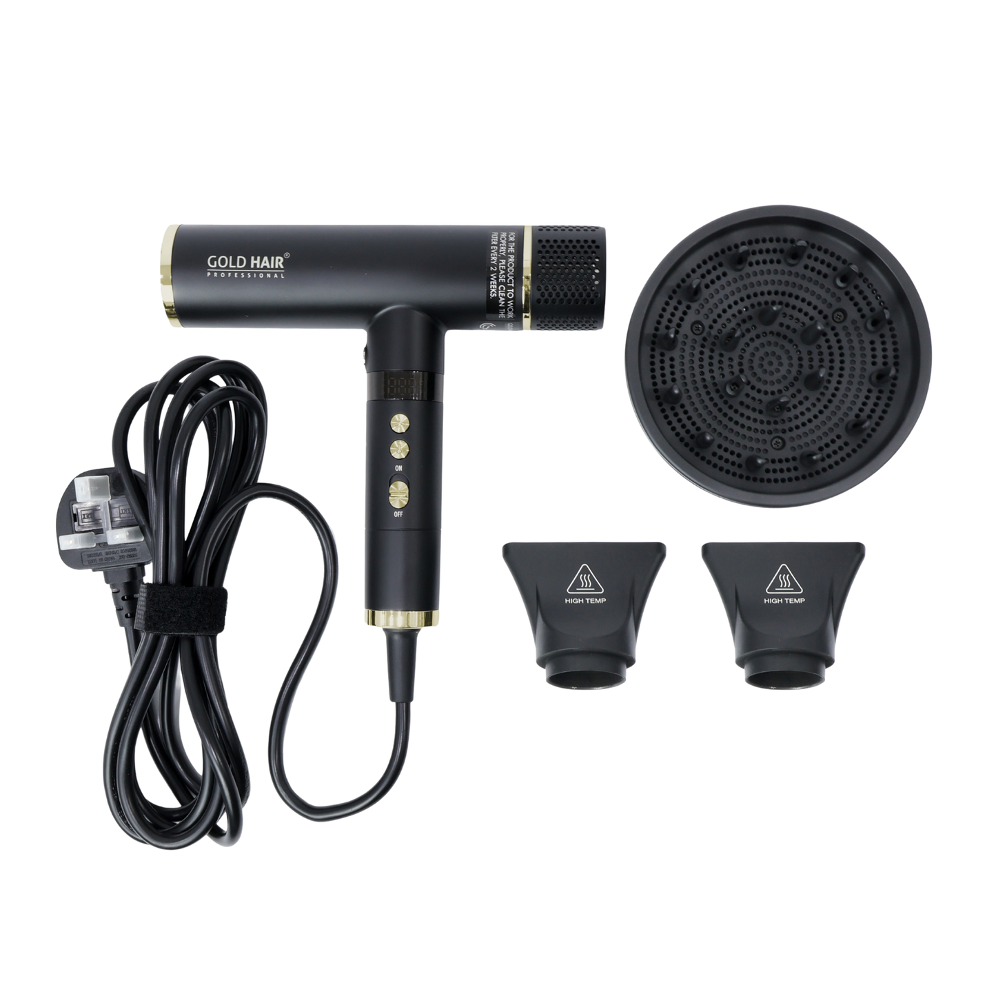 Black hair dryer with attachments and cord on a white background