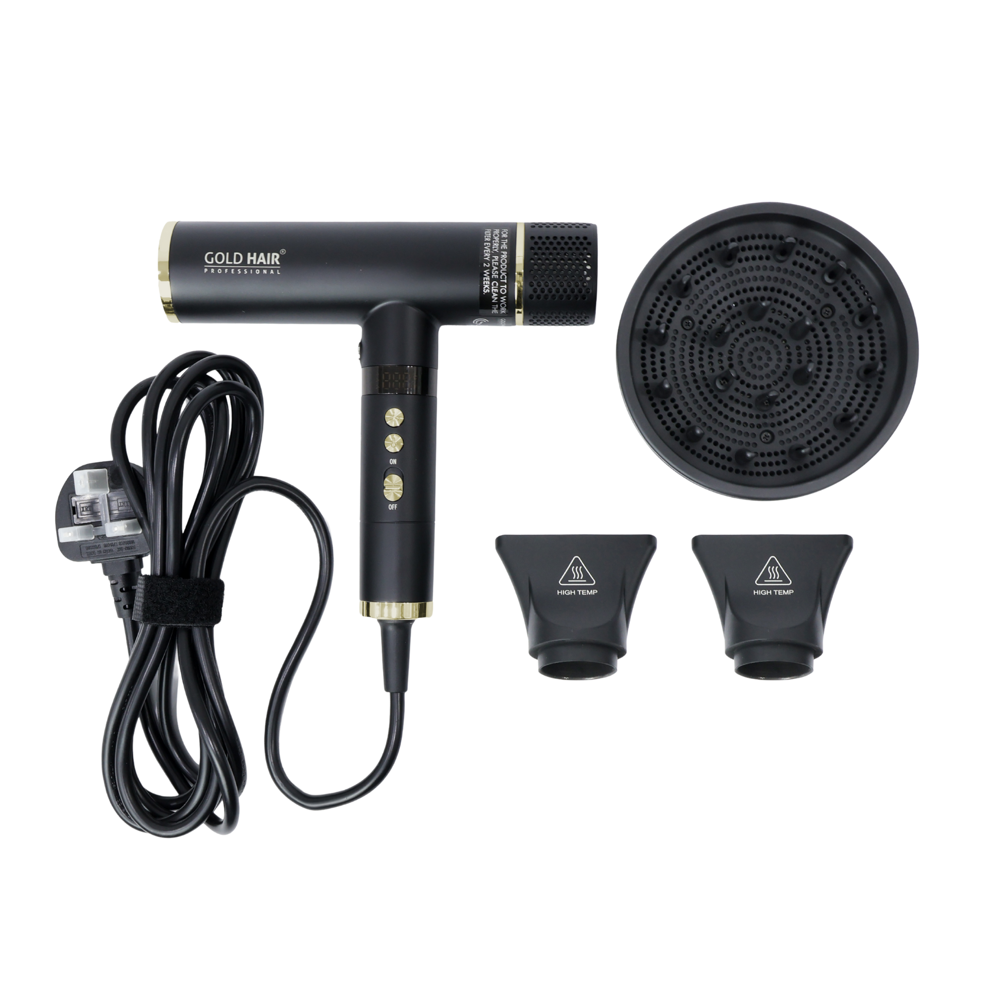 Black hair dryer with attachments and cord on a white background